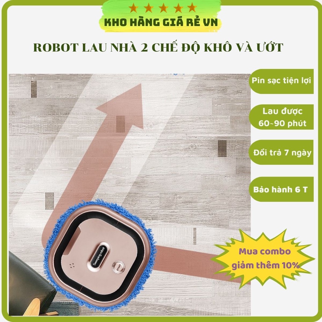 Robot lau nhà tự động, bộ máy lau sàn nhà thông minh 2 tính năng lau khô ướt dùng pin sạc gia dụng nội địa Trung