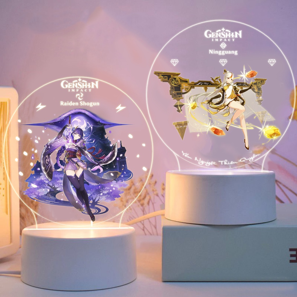 Đèn led in hình Thegioipuzzle Genshin Impact Họa tiết anime Ganyu, Raiden Shogun,... trang trí bàn h