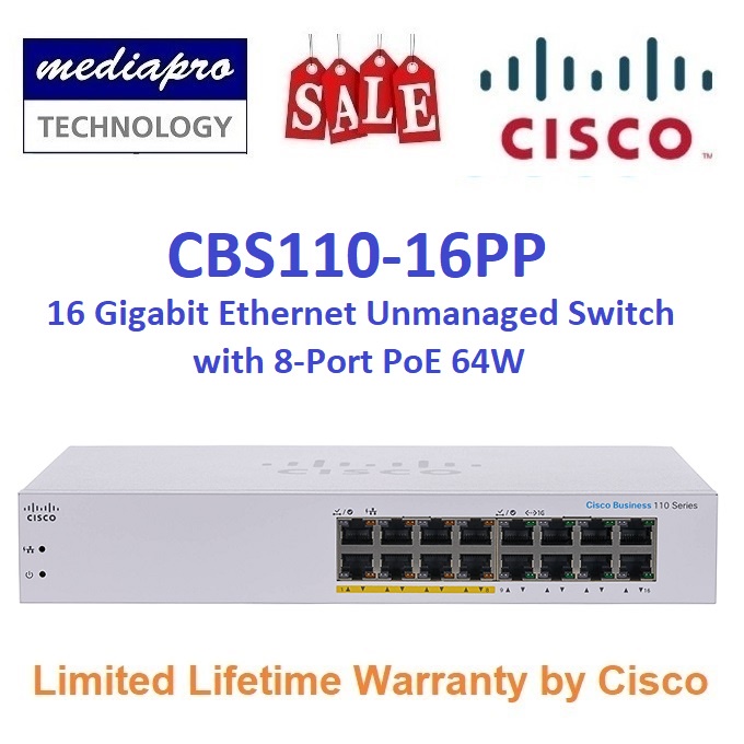 CISCO Business CBS110 16PP 16 Ports Gigabit Unmanaged Switch With 8