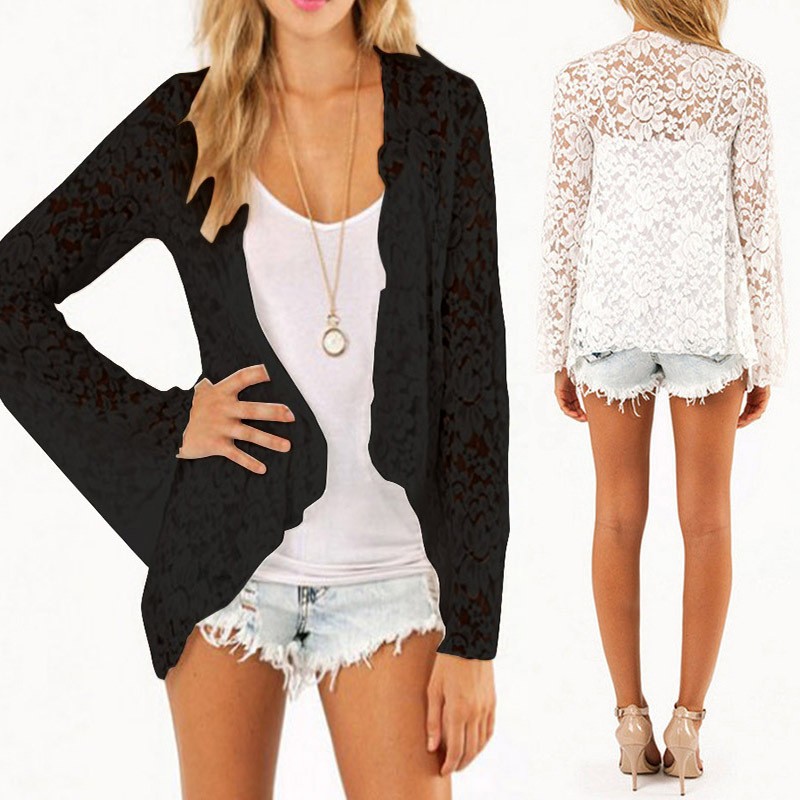 Women Summer Lace Floral Tops See Through Beach Cardigan Coat