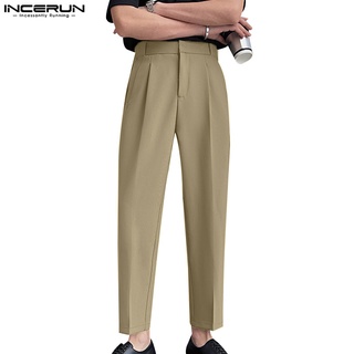INCERUN Men's High Waist Solid Color Drape Straight Business Casual Trousers