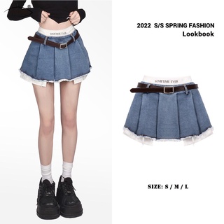 sexy babes. Denim skirt. Show long legs. Irregular fake two-piece miniskirt. Pleated skirt. cute sweet girl