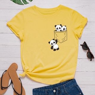 Image of Pockets Panda Women Cotton T Shirt O Neck Short Sleeve Tops Harajuku Shirt Casual Funny Graphic Tee