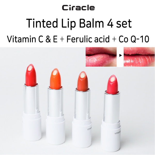 Ciracle Vitamin C, Ferulic acid, Vitamin E Color tinted vegan lip balm set 4 colors (01.Red 02