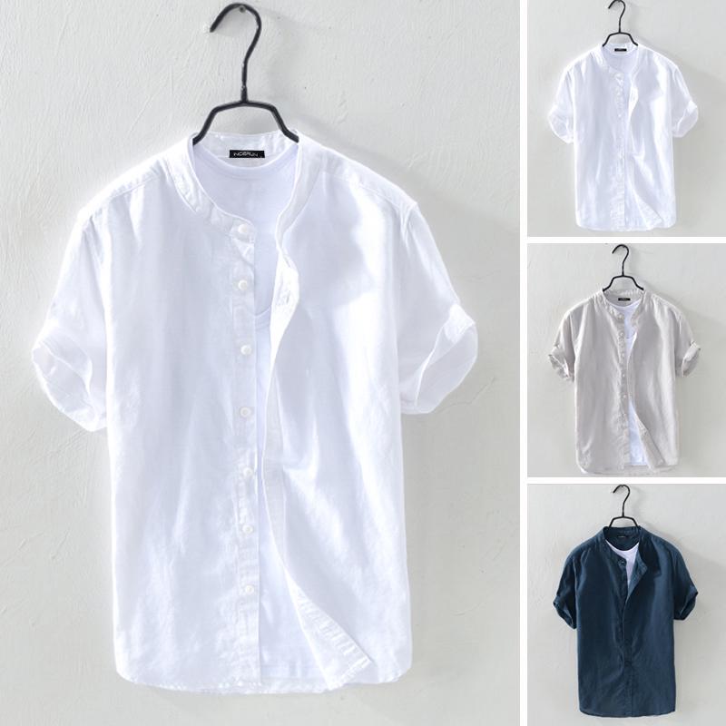 Men's Linen Short Sleeve Solid Casual Button Soft Shirts