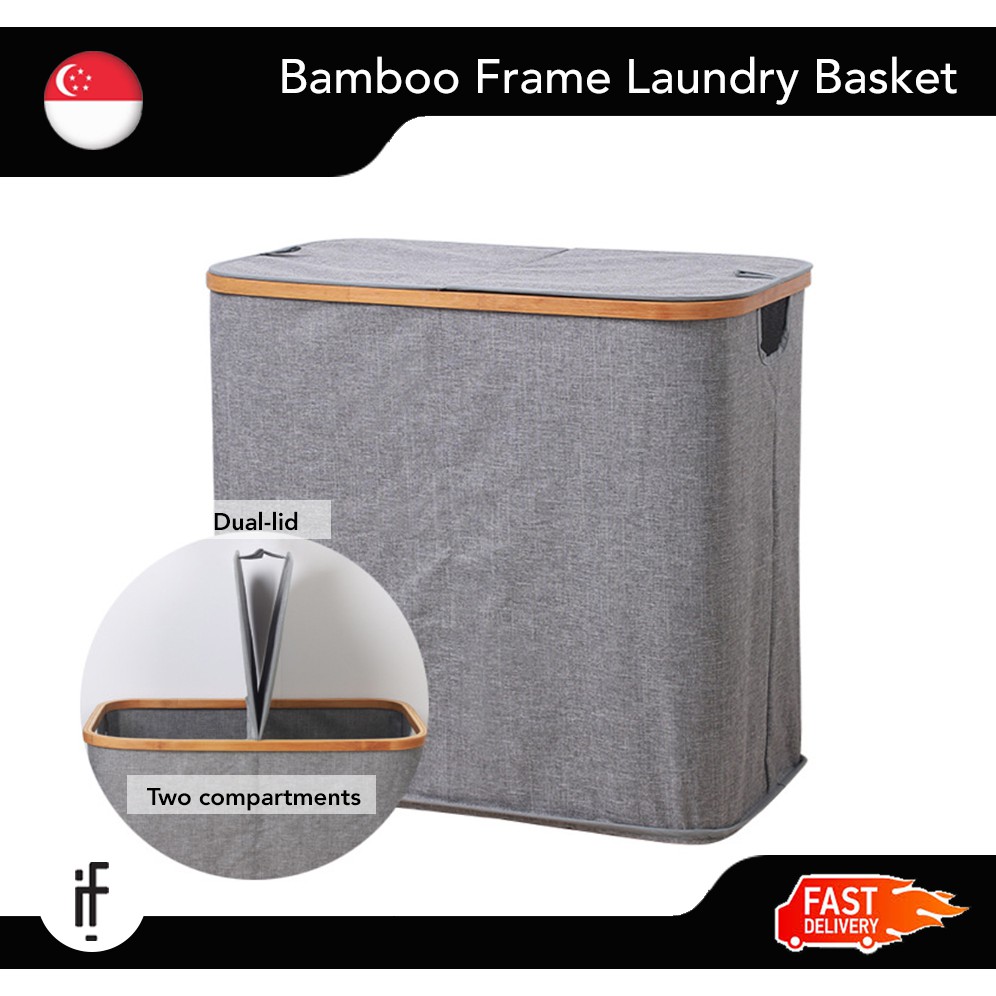 Double Lid Laundry Basket Bamboo Frame Two Compartments Large Capacity Foldable  [SG Seller]