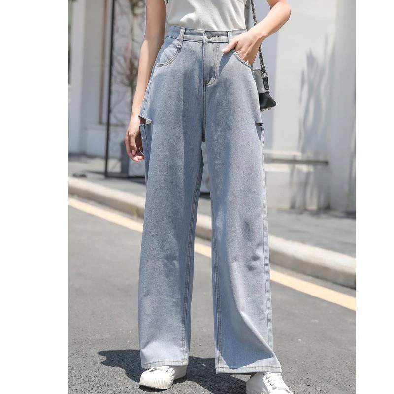 Street Side Hole Ripped Jeans For Women High Waist Wide Leg Jeans Woman Loose Baggy Boyfriend Jeans Trousers Long Denim Pants Shopee Singapore