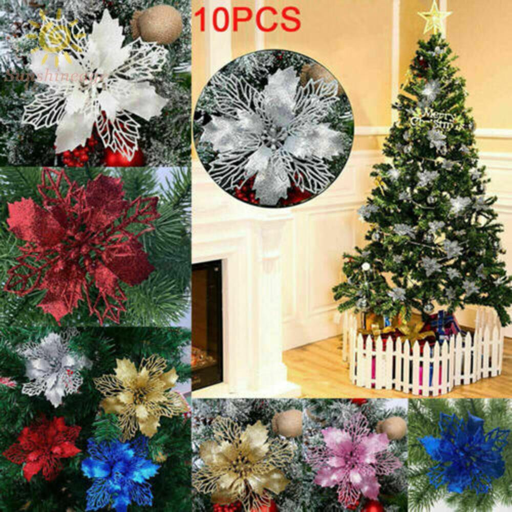 Details about   Christmas Poinsettia Glitter Flowers Tree Hanging Xmas Party Decoration 10X 
