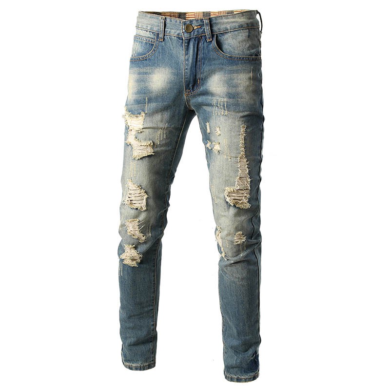 Fashion Mans Ripped Jeans Vintage Broken Destroyed Worn Slim Blue Denim ...