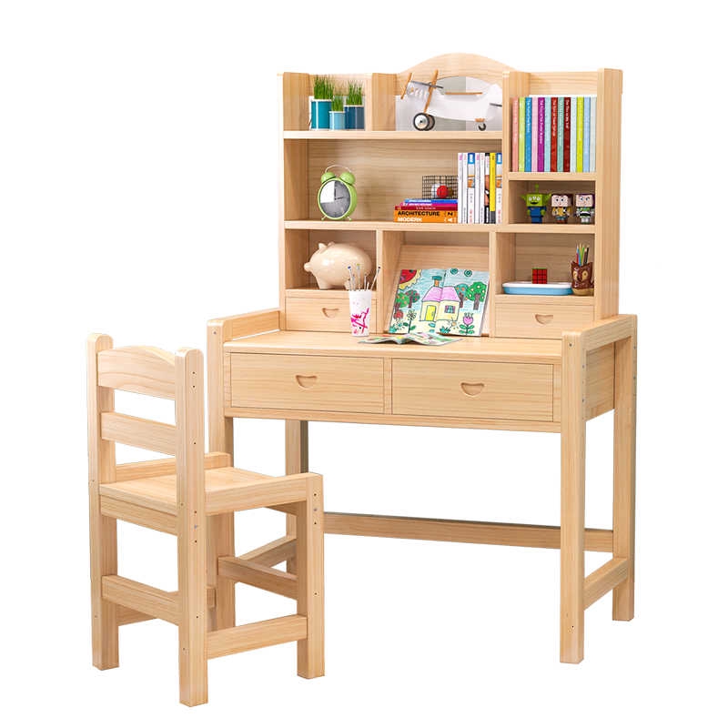 Full Solid Wood Children Study Table Child Desk Bookshelf Chairs