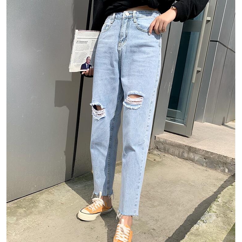 Ready Stock Women S Ripped Jeans New Loose Wide Legged High Waist Straight Leg Pants Shopee Singapore