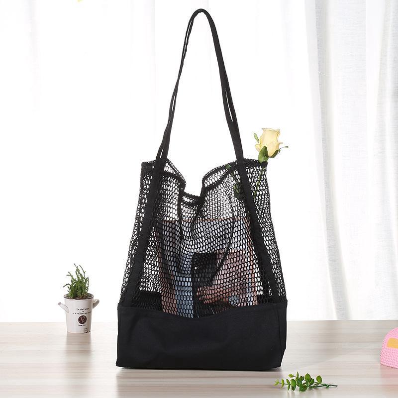 Image of Women Hollow Out Bags Mesh Handbags Shopping Bag Canvas Shoulder Bags Minimalism