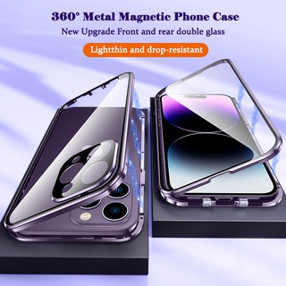 360° Metal Magnetic Adsorption Case For iPhone 14 Plus 13 Pro Max Cases Original Purple Metal Alloy Frame Double Sided Glass Cover