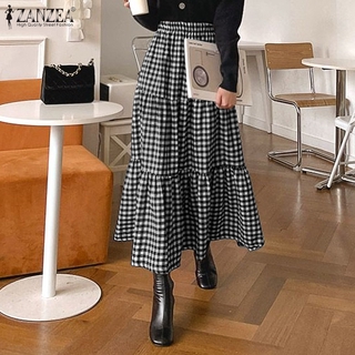 Image of ZANZEA Women Elastic Waist Ruffled Vintage Plaid Printed Maxi Skirts 