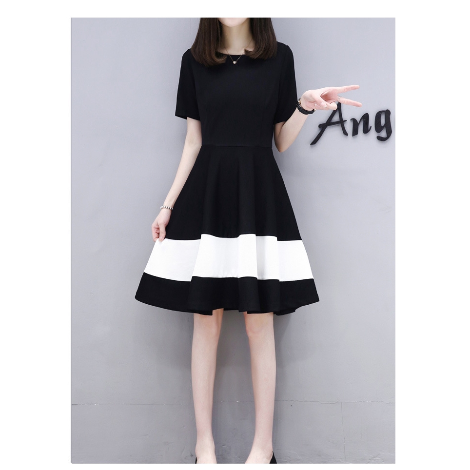 black short sleeve round neck patchwork dress