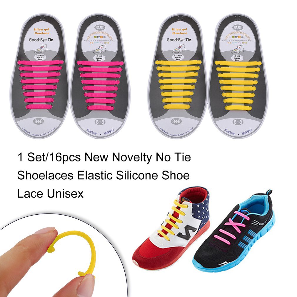 Coolnice 1Set/16Pcs Shoelaces Novelty No Tie Shoelaces Unisex Elastic Silicone Shoe Laces for Men Women All Sneakers Fit Strap 
