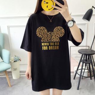 【Plus Size/40-150KG/5Colors】Oversized Korean Style Women T-shirt Half Short Sleeves BIg Loose Disney Mickey Letter Printed Tee Summer Maternity T-shirt Round Neck Casual Top Fashion Big Size Medium-Long Length T-shirt