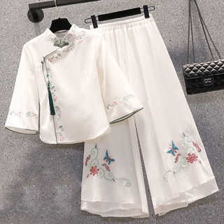 Ready Stock Women's Clothing Hanfu Ancient Costume Chinese Elements Improved Plus Size Style Suit Women 2022 Summer Tang Fat Sister Slimmer Look Wide-Leg Pants