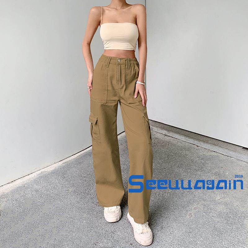 high waisted khaki cargo pants women's