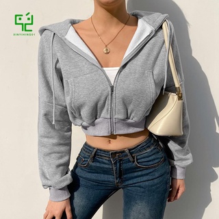 Womens Casual Long Sleeve Solid Color Pullover Hooded Sweatshirts Crop Tops with Zipper Crop Top Hoodies for Women 