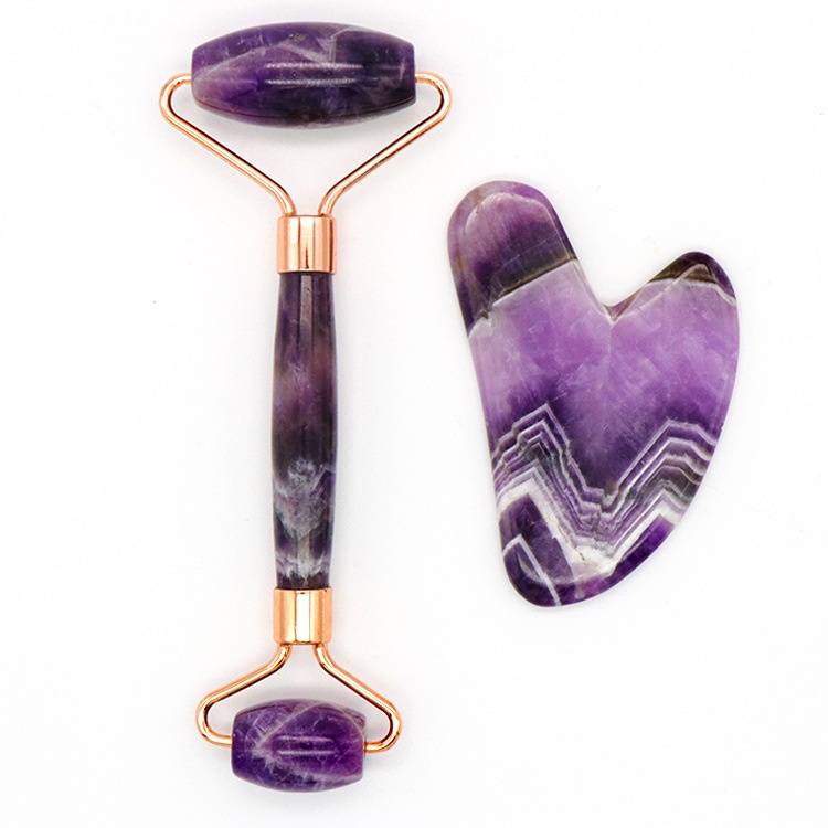 Natural Amethyst Roller Facial Massager Jade Face Massage Roller Gouache Scraper Guasha Stone Scraping Crystal Jade Roller Set