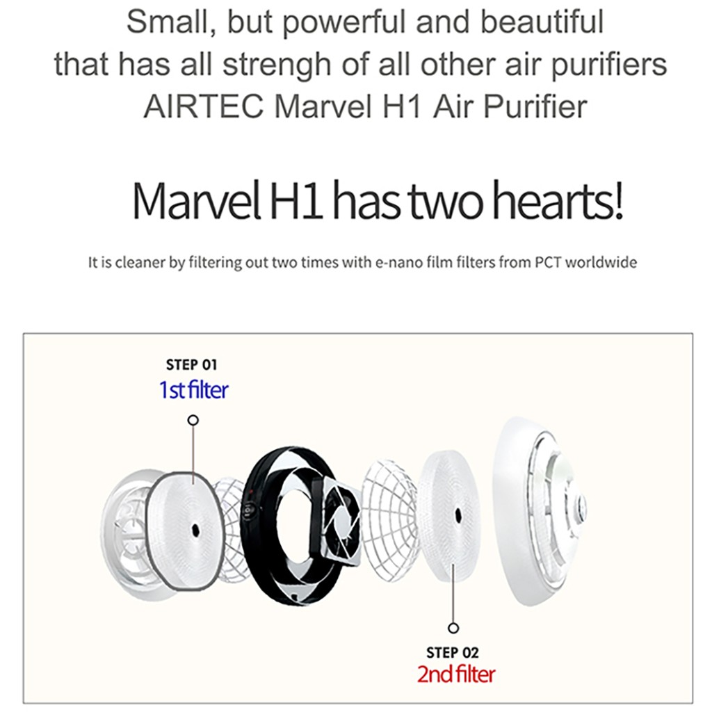 Marvel Air Purifier Quiet Portable with re-usable dual E-Nano Filter by AirTec 