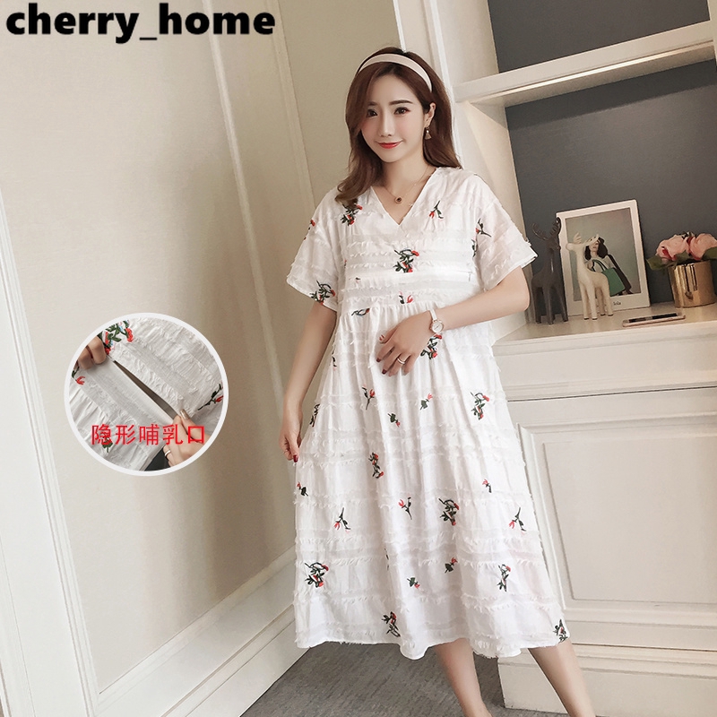 Postpartum Women Nursing Short Sleeve Dress Zipper Breastfeeding