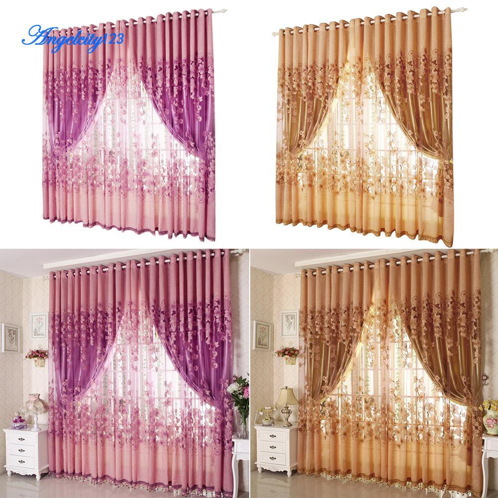 Curtain 2pcs Morning Glory Floral Printed Sheer Voile Tulle