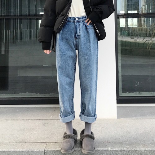 Women Plus Size Korean Fashion Plain Denim Boyfriend Jeans Pants Shopee Singapore