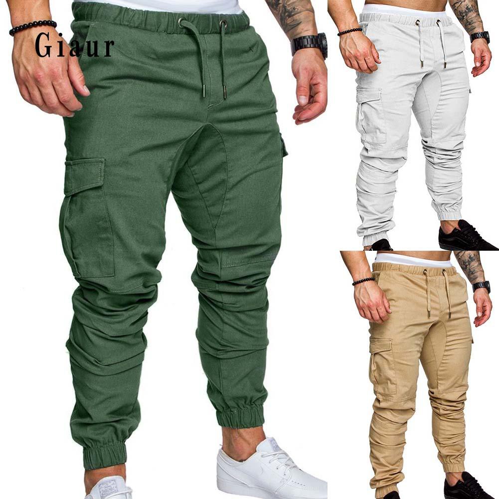 HOT Plus Size Men Solid Color Multi Pocket Drawstring Ankle Tie Cargo Pants Trousers Shopee