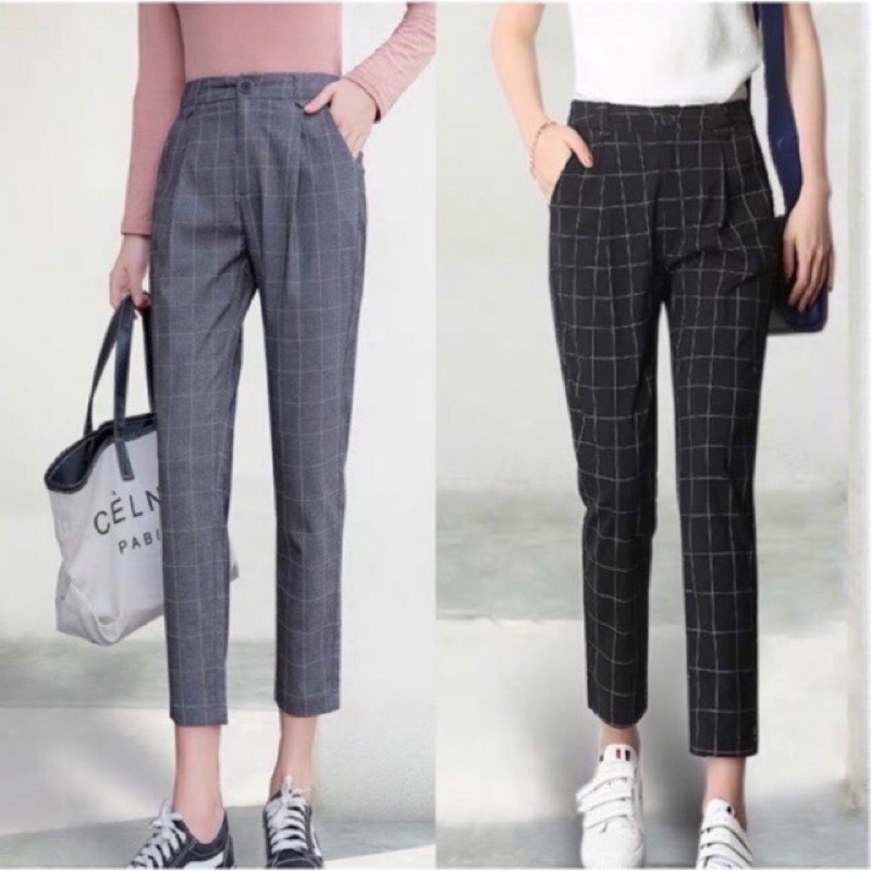 Women Stretchable Fashion Checkered Trouser Candy Pants (815）