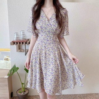 Women's summer new French first love bellflower Dress fashion cross V-neck bandage waist short-sleeved floral mini dress