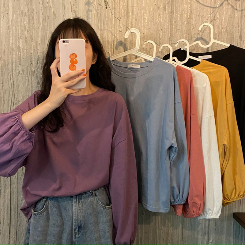 Korean Style Loose Bright Colors Lantern Sleeve Round Neck Solid Color T Shirt Women S Casual Long Sleeve Oversize Tee Shopee Singapore