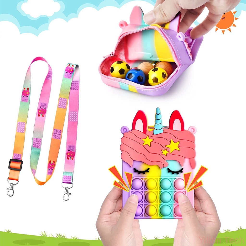 Pop Unicorn Bag Purse Handbags Shoulder Strap Silicone Rainbow Kawaii Messenger Bag Girl Children Push Bubble Toy Gift