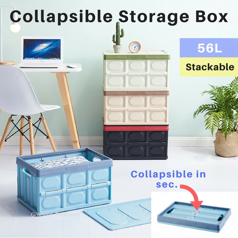 Stackable and Collapsible 56L Storage Box Foldable for Easy Storage Organizer Big Capacity 4 Trendy Colors