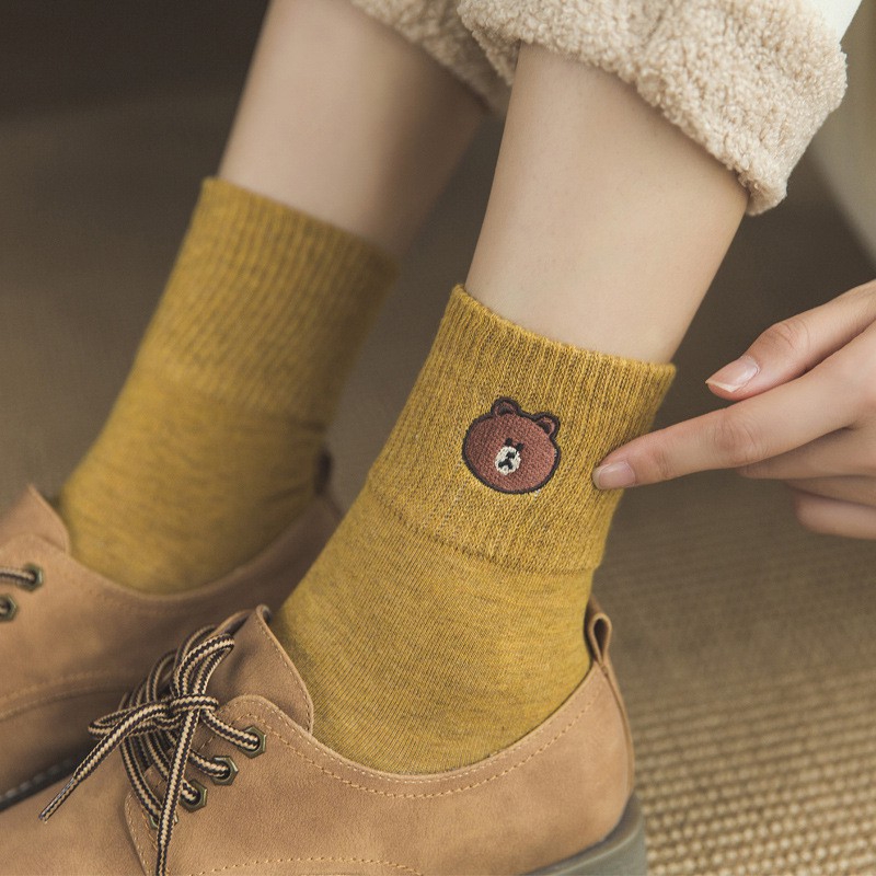 Cute Cartoon Little Bear Embroidery Women Socks Fashion Soild Color
