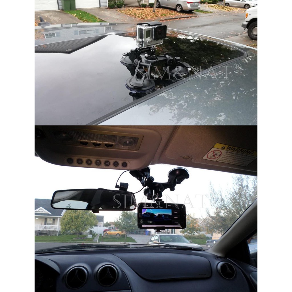 3 Tri Cup Camera Mount for Car Window Windshield Glass SIM&NAT Triple Suction Cup Mount with 1/4 Threaded Head 360 Degree Tripod Ball Head Mount & Screw for Gopro Fusion Hero 9 8 7 6 5 4 Session 3 