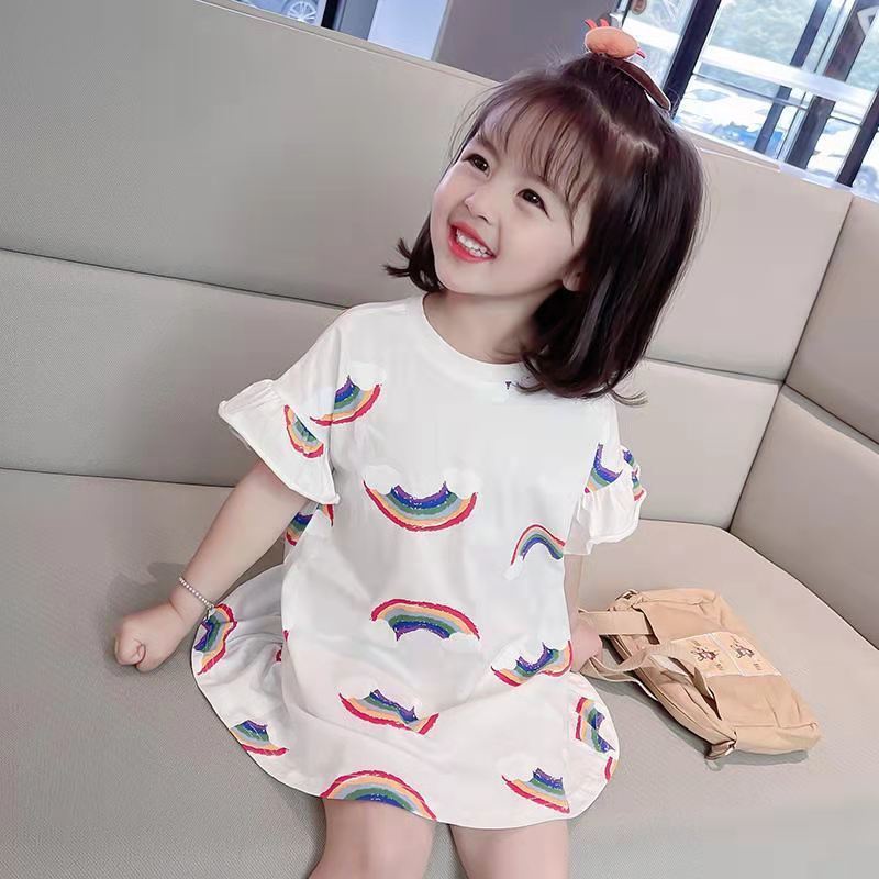Cute Girls T-shirt Dress Summer Baby Girl Korean Version Rainbow Pattern Dress Children's Mid-length Dress