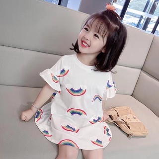 Cute Girls T-shirt Dress Summer Baby Girl Korean Version Rainbow Pattern Dress Children's Mid-length Dress #1