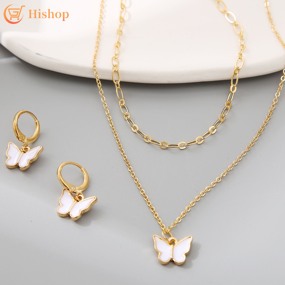 Image of Simple Butterfly Pendant Necklace Hoop Earring Fine Chain Women Jewelry Accessories #0