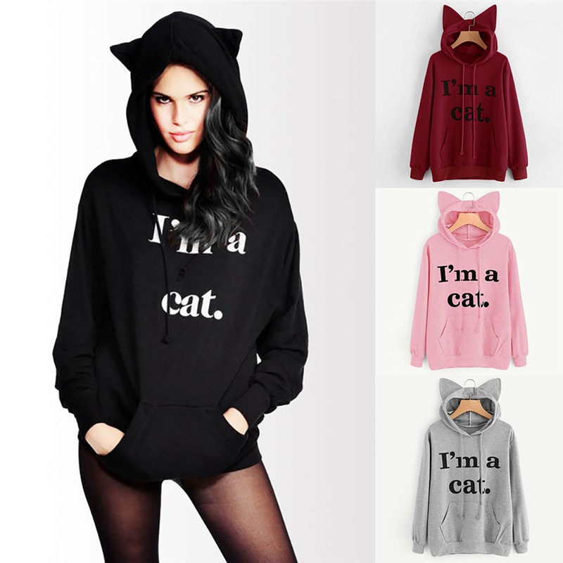 Jiayit Hoodies Pullover Big Sale Womens Cat Ear Sweatshirt Hooded Pullover Tops Blouse 