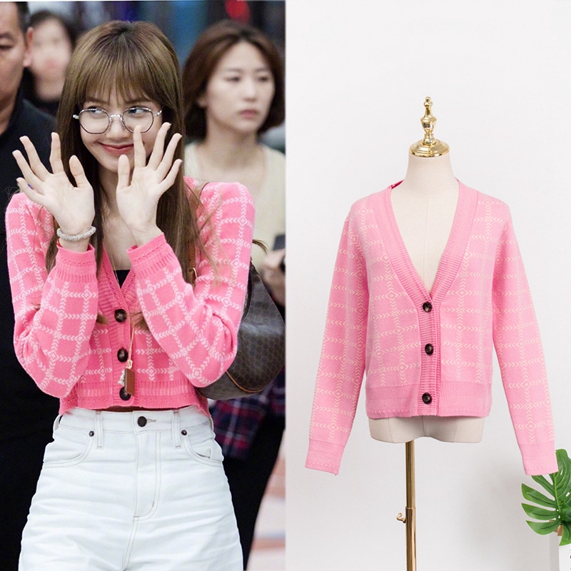 Blackpink Lisa Pink Plaid Short Jersey Cardigan Shopee Singapore