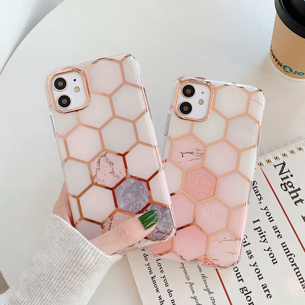 Light Luxury Rose Gold Honeycomb Lattice Marble Phone Case For Iphone11 Xsmax Xr 8plus 7p Se2 11promax Pink Phone Protective Covers Shopee Singapore