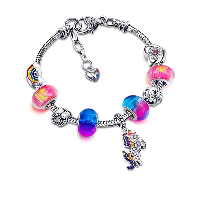 Rainbow Colorful Crystal Unicorn Kids Bracelet DIY Alloy Beads Bangle ...