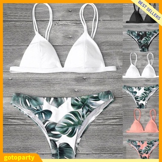 Image of GOTO 2Pcs Women Summer Sexy Leaves Print Padded Bra Briefs Bikini Set Beach Swimwear