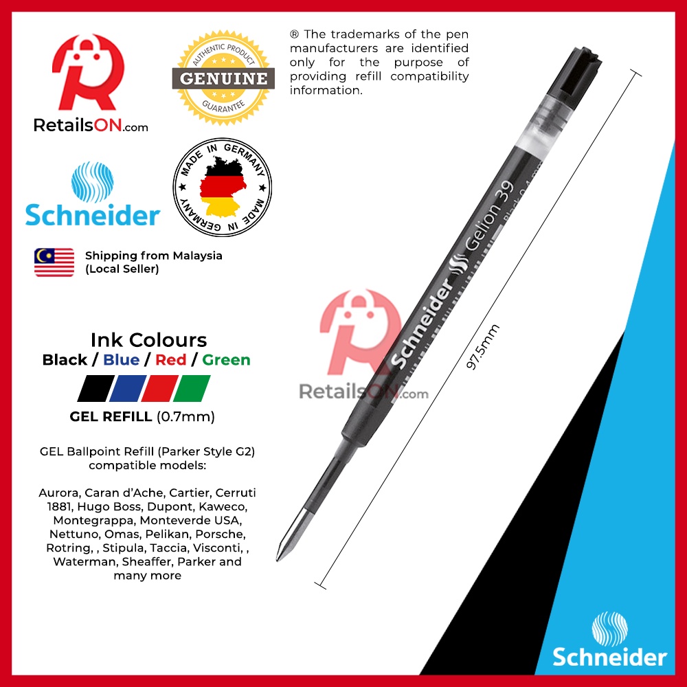 Shop Malaysia Schneider Refill Gelion 39 Gel For Ballpoint Pens 0 7mm Standard Parker Style G2 Ballpoint Gel Refill 1pc Shopee Singapore