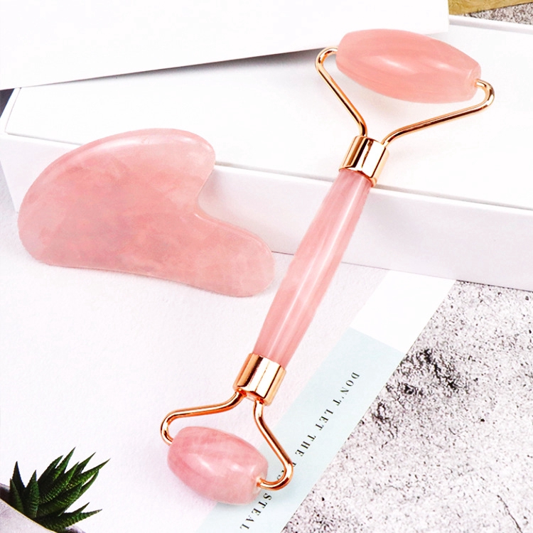 【Pure natural jade roller massage + scraping】100% Real Natural Rose Quartz Roller Pure Natural Pink Crystal Jade Face Massage Gua Sha and Jade Roller Set Lifting Firming Skin Relieves Skin Fatigue Smooth Skin