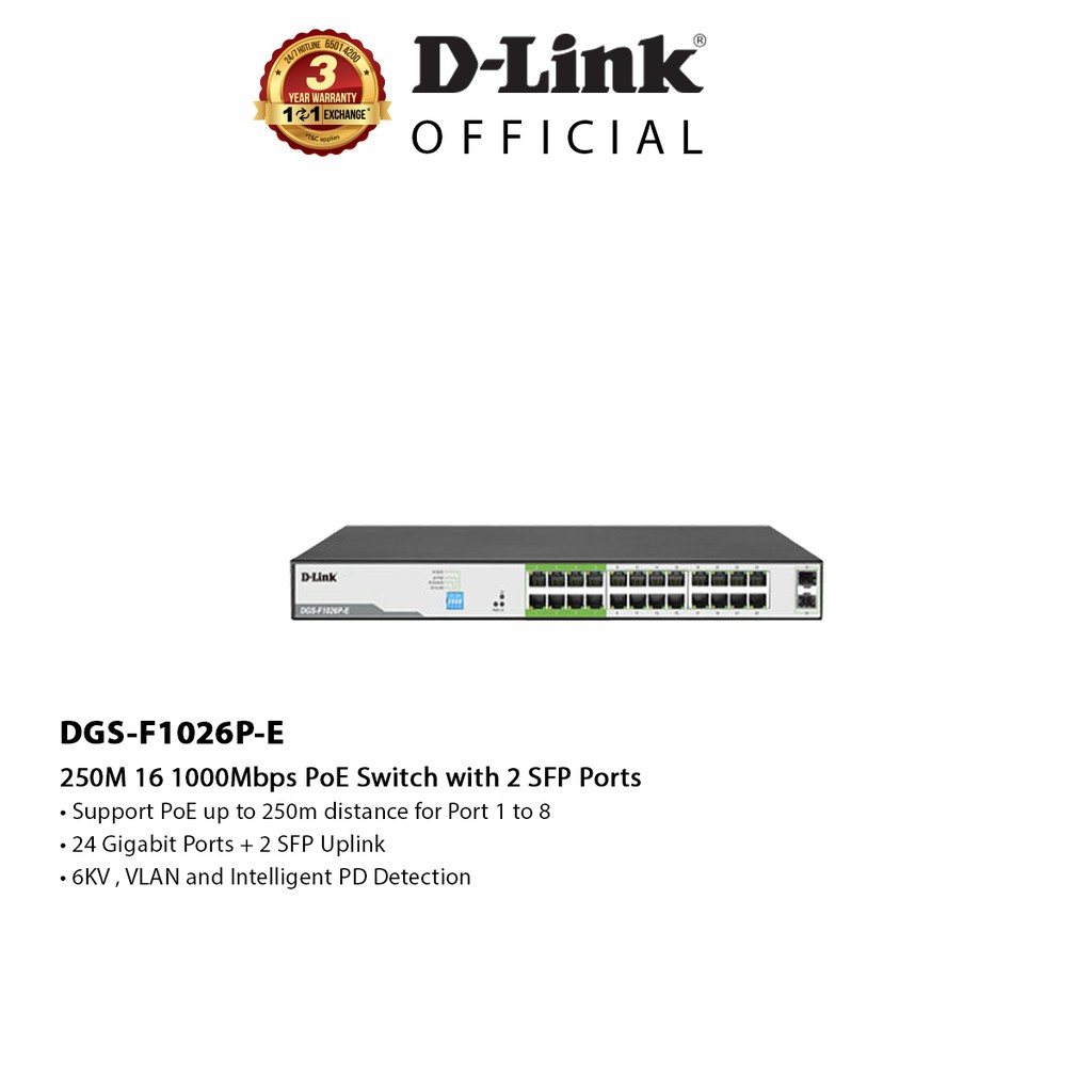 D-Link DGS-F1026P-E 250M 16 1000Mbps PoE Switch with 2 SFP ...