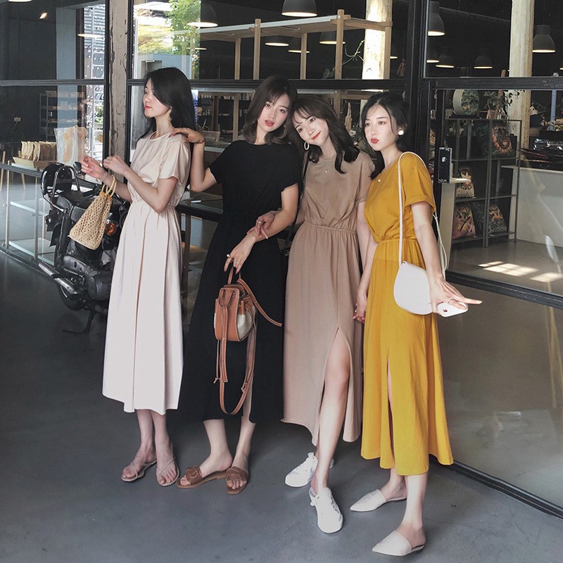 One Piece Skirt Long Dress Short Sleeve One Piece Dress Plain Face Long Ocean Shrink Waist Side Slit Long Dress Shopee Singapore