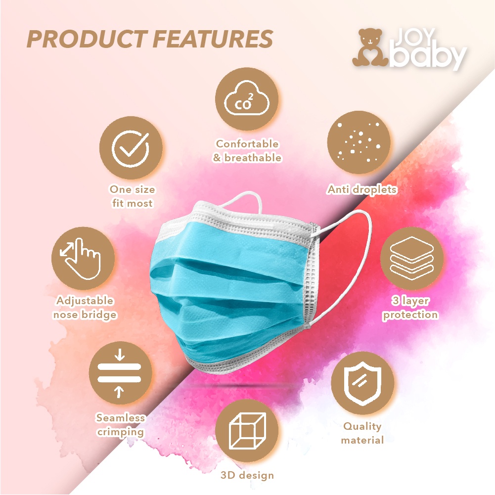 (ULTRA SOFT) (50PCS) 3 ply mask Adult/Kids Ultra thin with sufficient protection 99% BFE and 99% PPE – Joybaby >>> top1shop >>> shopee.sg